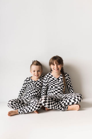 Bamboo Two Piece Pajamas | Black & White Wavy Checkerboard